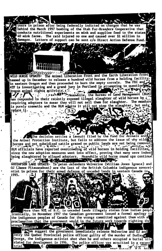 ears In prison aftet being federally indicts ges that B behind the Harch 1997 banbing of the Utah Fuc-Breeders Cooperative that  conducta e tHonal experinénes on sink and suppl 40 mink farms. vy st  WILD HORSE UFDATE- - The Aninal 1iberation Front and the Eacth Liberation ! 8 eamed . in Decenber 1o release a hundred vild hocses fron a holding facility necatarn regon and then procseded ro buen the arpty corrals. The FBI and -} 555 invest Lgating and  peand jory o Port o s szt gt sl .  7 > CE e AN eatile )  s résponded to their recéntly exposed ulc?l slaughter of wild horses by. <. ceautring adopters o swear they wil1 not sell then foc slaughter. The peaduic)  {5 purely cosmetic and the B adpits it will sot stop the slavgher, reduce 15 . * . 4 v :  )  Jihe decislon settles a lsveutt (1led by the Find for Aninais and|l4 the Atnal Protection Institute, but (ails to sddcess the dssue of chy vildds] hoeses and, o, subsidied catile grazedon pblic, lands ace ot be 61 ofiiclals have eeported overcriudiNg of vild hocses in holding foc cince the new sdoption seasures vent into stfect, proving that many vere indecd  red by allcsed sdoptecs.” Heandilé utld Tocse roud ps continie QusTArSE LAE m&-"w ko v grace) nd J (James Plovanaioat) are’ the Last of the beitish Columbla Indigenous soverei-  ntist. & prison foe thel ammed defense of unceded lands in uestern Canada in JE S 2 PR T =  stolen from Indian peopls. ronically, in Novesber 1997 the Canadian goverrment issued a formal spolosy o the indigenous peoples of Canada for the wrongs comitted sgainst then vith af [proclanation that ‘the government vould in the future vock touacds  Adve suggest the government Lmediately release Wolverine and 0J  Fetry the Quebcc Provinclal police officer guilty of the murder of Dudle George, the indigenous sctivist shot shen he and others occupied a burial s11  Finceq ot develbpmens i 195: o otice officer uas scrufed 1 3 fecen] oty 7 - E— X el  